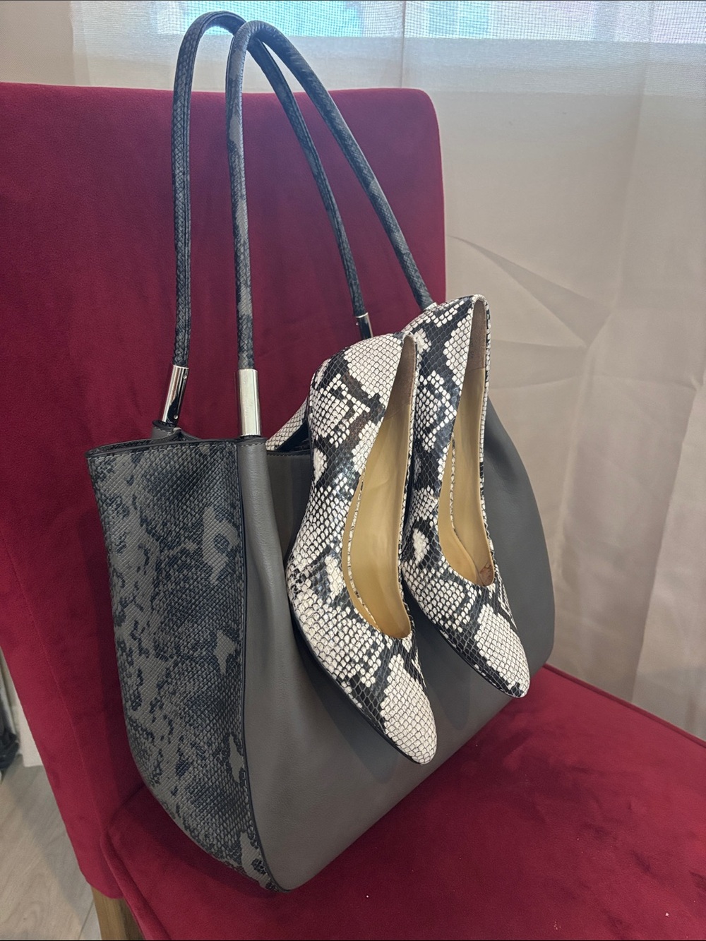 Alfani Gray Tote Bag with Snake-Print Side Panels and Double Top Handles